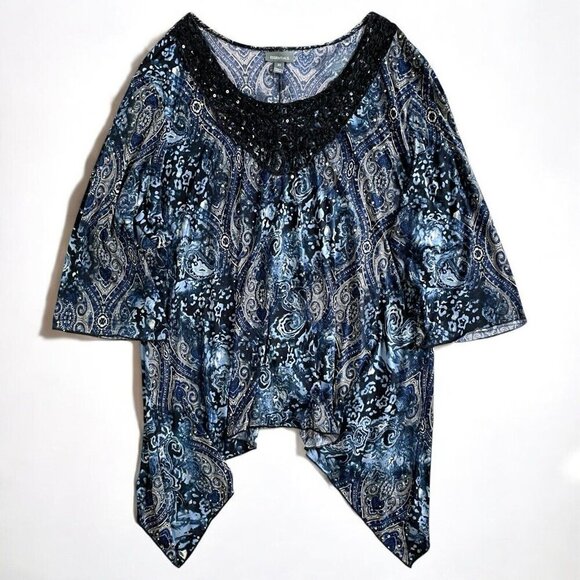 Essentials Y2K Paisley Sequin Asymmetric Top Plus 3X Blue Studded Fairy Grunge - Picture 1 of 12